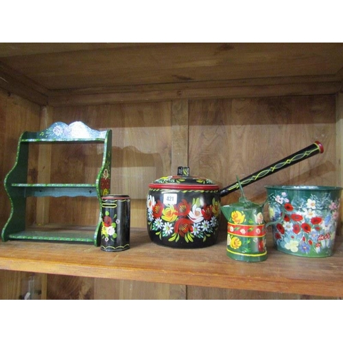 421 - BARGEWARE, floral painted saucepan, spice shelves & 3 other pieces