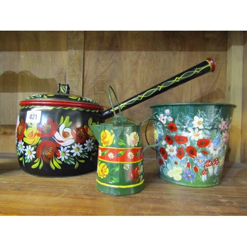 421 - BARGEWARE, floral painted saucepan, spice shelves & 3 other pieces