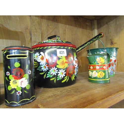 421 - BARGEWARE, floral painted saucepan, spice shelves & 3 other pieces