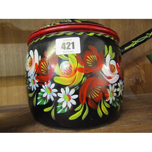 421 - BARGEWARE, floral painted saucepan, spice shelves & 3 other pieces