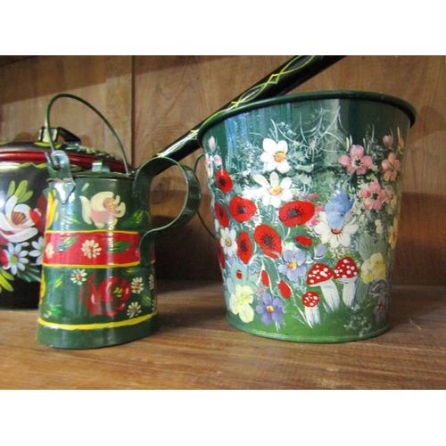 421 - BARGEWARE, floral painted saucepan, spice shelves & 3 other pieces