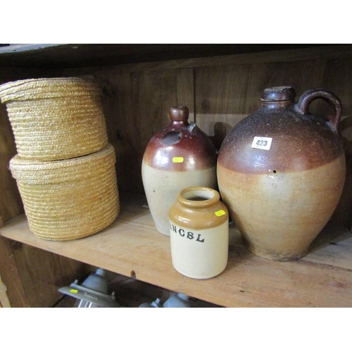 423 - ANTIQUE SALTGLAZE STONEWARE,  2 cider jars & storage jar also 2 wicker storage containers