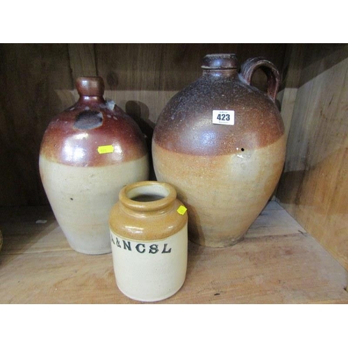 423 - ANTIQUE SALTGLAZE STONEWARE,  2 cider jars & storage jar also 2 wicker storage containers