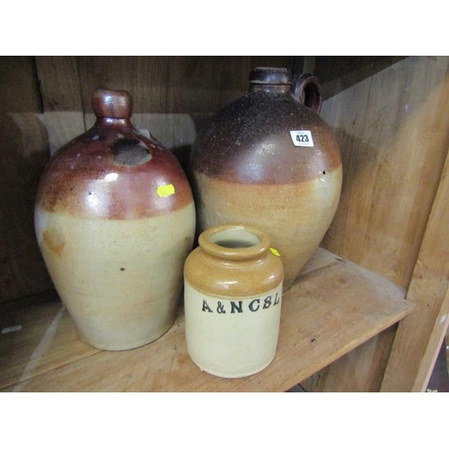 423 - ANTIQUE SALTGLAZE STONEWARE,  2 cider jars & storage jar also 2 wicker storage containers