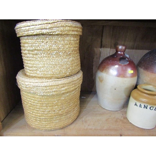 423 - ANTIQUE SALTGLAZE STONEWARE,  2 cider jars & storage jar also 2 wicker storage containers