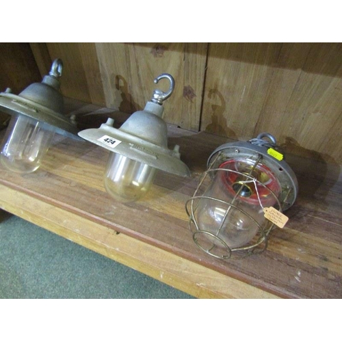 424 - VINTAGE LIGHTING, 2 hanging light fittings by Walsall together with vintage nautical inspection ligh... 