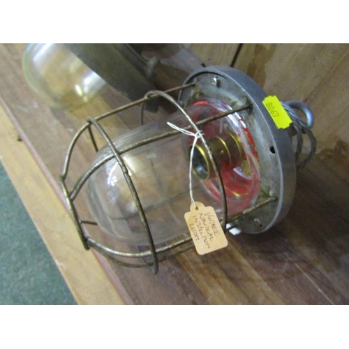 424 - VINTAGE LIGHTING, 2 hanging light fittings by Walsall together with vintage nautical inspection ligh... 