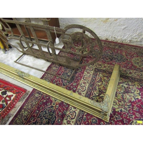 445 - EDWARDIAN BRASS FIRE CURB, & wrought iron rack