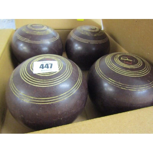 447 - VINTAGE SPORT BOWLS, 4 assorted bowling woods, marked 