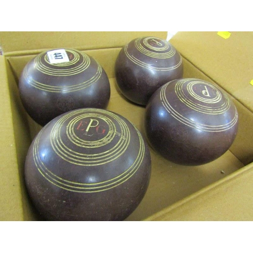 447 - VINTAGE SPORT BOWLS, 4 assorted bowling woods, marked 