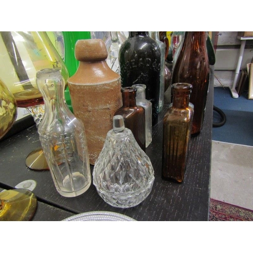 452 - GLASSWARE, collection of vintage bottles, cut glass decanter, pair of Victoria Jubilee glass dishes,... 