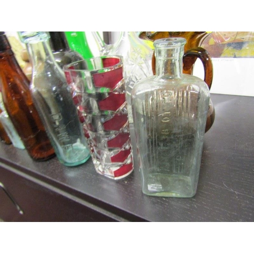 452 - GLASSWARE, collection of vintage bottles, cut glass decanter, pair of Victoria Jubilee glass dishes,... 