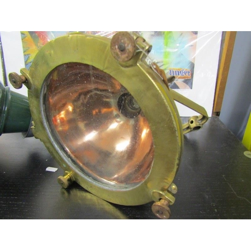 454 - LIGHTING, maritime vintage copper brass ship's cargo light, together with green enamelled hood light