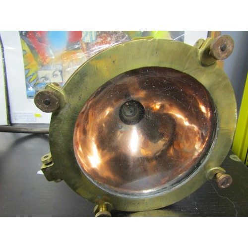 454 - LIGHTING, maritime vintage copper brass ship's cargo light, together with green enamelled hood light