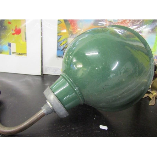 454 - LIGHTING, maritime vintage copper brass ship's cargo light, together with green enamelled hood light