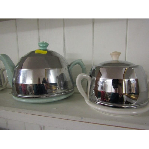 456 - RETRO, 4 piece chromed tea service & similar blue pottery and chrome tea pot