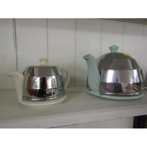 456 - RETRO, 4 piece chromed tea service & similar blue pottery and chrome tea pot