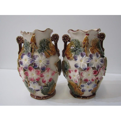 46 - MAJOLICA, pair of majolica pottery flower encrusted vases, majolica dish, together with a pottery do... 