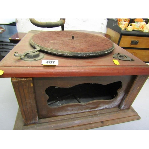 467 - GRAMOPHONE, embossed metal horn together with remains of turntable