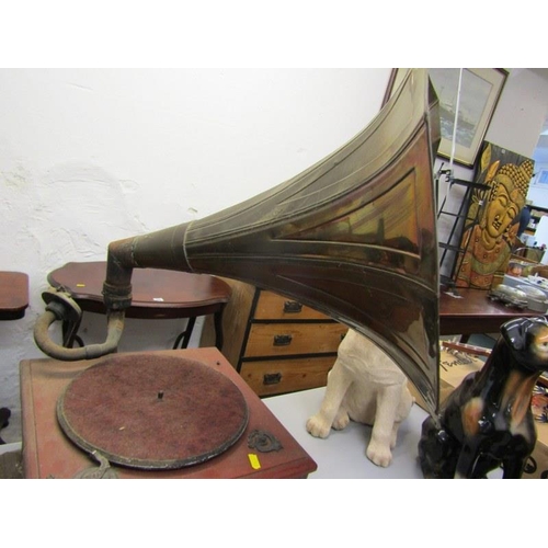 467 - GRAMOPHONE, embossed metal horn together with remains of turntable