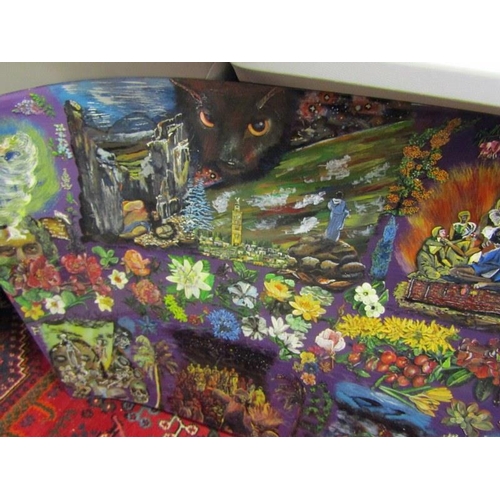 470 - UNUSUAL MURAL, painted vintage car windscreen, decorated with floral studies & portraits