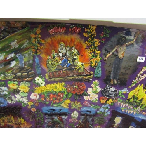 470 - UNUSUAL MURAL, painted vintage car windscreen, decorated with floral studies & portraits