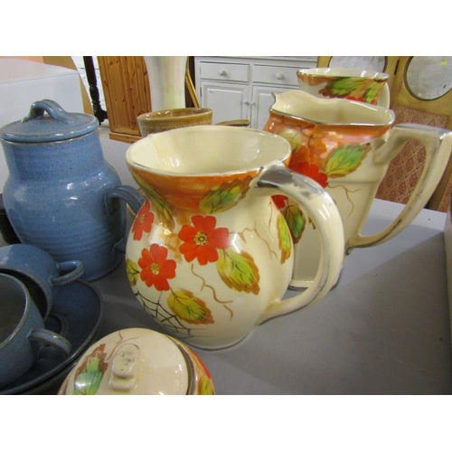 473 - 3 ART DECO PAINTED JUGS, & preseve pots together with other tableware