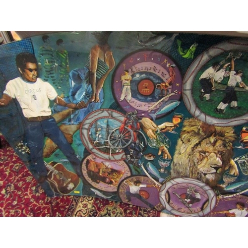 474 - UNUSUAL MURAL, painted car windscreen with lion portrait & record discs