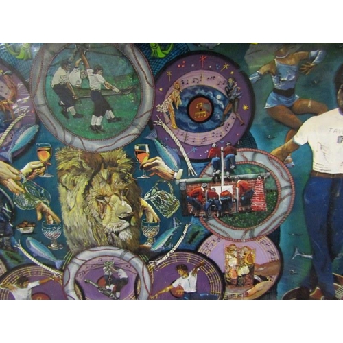 474 - UNUSUAL MURAL, painted car windscreen with lion portrait & record discs