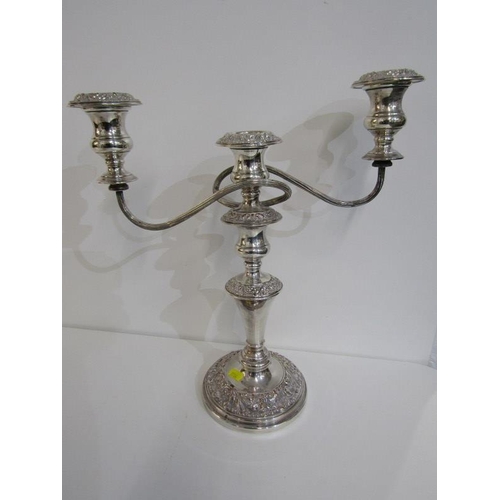 486 - SILVERPLATE,  a pair of plated copper twin branch candelabras