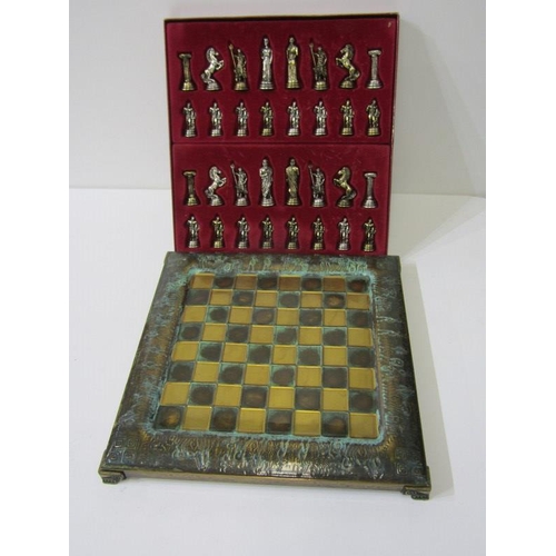 49 - CHESS SET, chess set with classical design figures on metal clad board