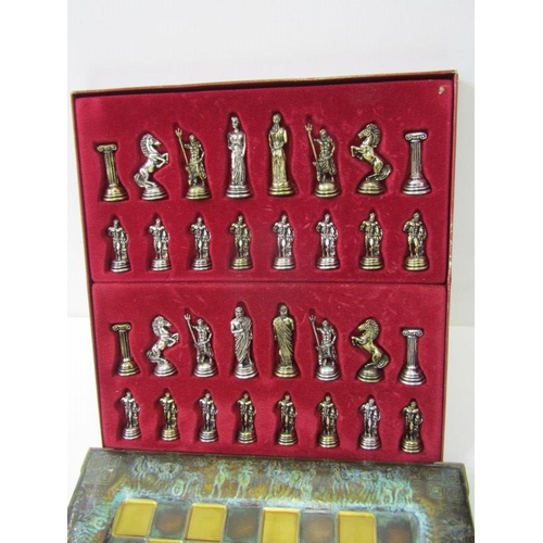 49 - CHESS SET, chess set with classical design figures on metal clad board