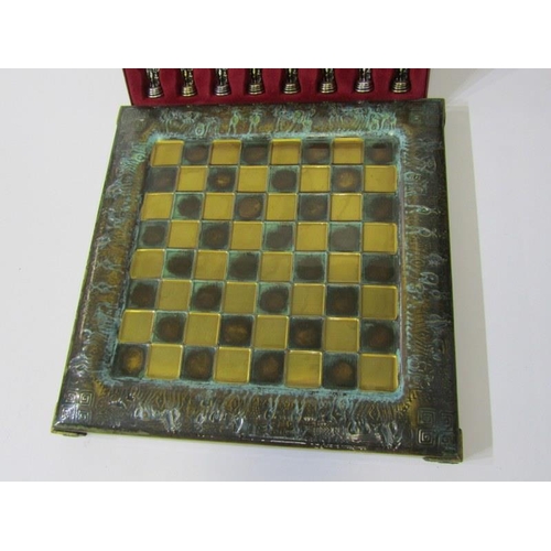 49 - CHESS SET, chess set with classical design figures on metal clad board