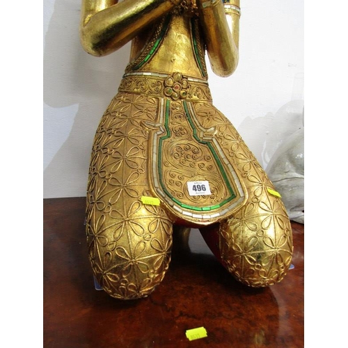 496 - EASTERN SCULPTURE, ornate gilded and encrusted temple figure, 91cm height