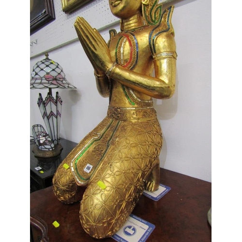 496 - EASTERN SCULPTURE, ornate gilded and encrusted temple figure, 91cm height