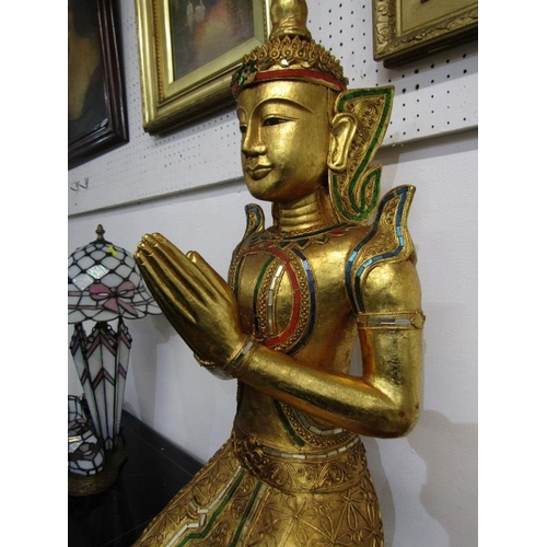 496 - EASTERN SCULPTURE, ornate gilded and encrusted temple figure, 91cm height