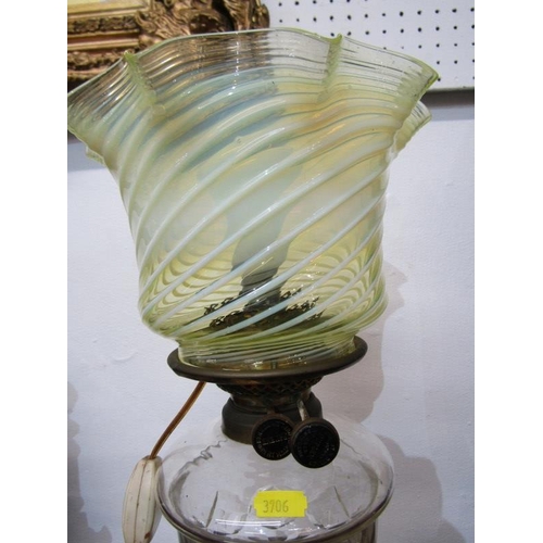 498 - EDWARDIAN OIL LAMP, converted to electric with vaseline green glass shade (electrical)