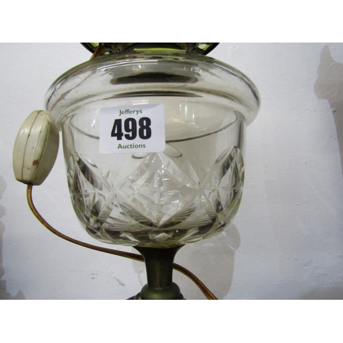 498 - EDWARDIAN OIL LAMP, converted to electric with vaseline green glass shade (electrical)