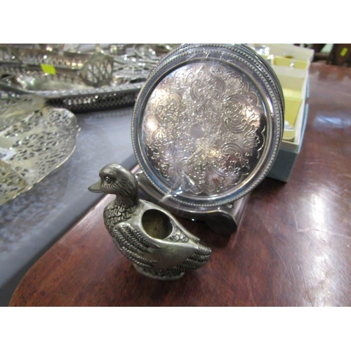 499 - SILVERPLATE, oval tray and contents, including teaware, cake stand and servers