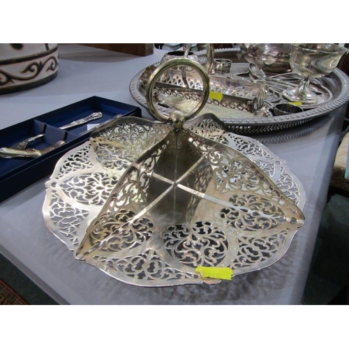 499 - SILVERPLATE, oval tray and contents, including teaware, cake stand and servers