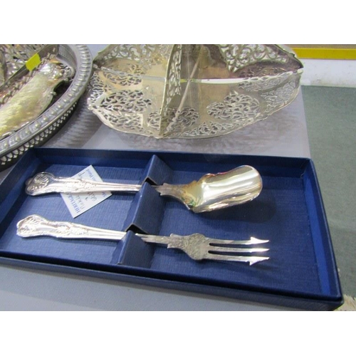 499 - SILVERPLATE, oval tray and contents, including teaware, cake stand and servers