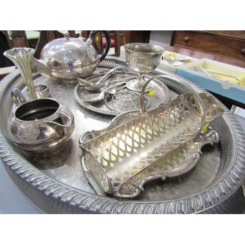 499 - SILVERPLATE, oval tray and contents, including teaware, cake stand and servers