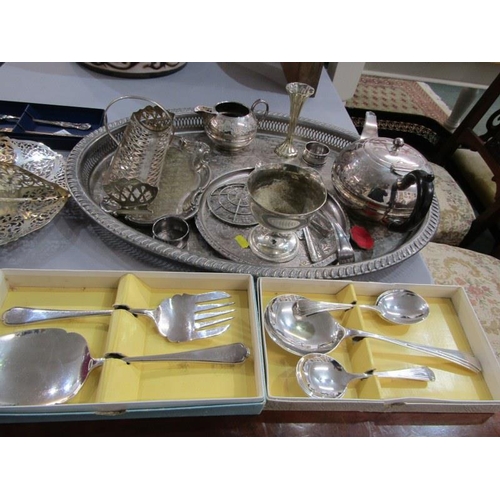 499 - SILVERPLATE, oval tray and contents, including teaware, cake stand and servers