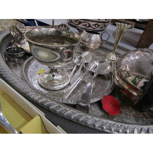 499 - SILVERPLATE, oval tray and contents, including teaware, cake stand and servers