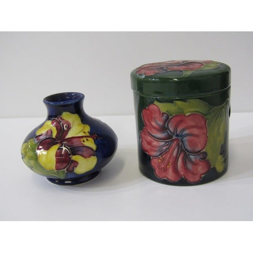 5 - MOORCROFT, Hibiscus pattern lidded pot, 9cm height, together with a squat form posy vase