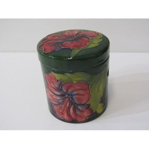 5 - MOORCROFT, Hibiscus pattern lidded pot, 9cm height, together with a squat form posy vase