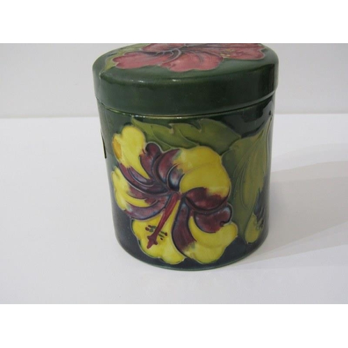 5 - MOORCROFT, Hibiscus pattern lidded pot, 9cm height, together with a squat form posy vase