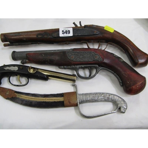 549 - REPLICA PISTOLS, 3 19th century design pistols and a souvenir dagger