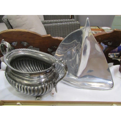 550 - PLATED WARES, stainless steel sailing boat ornament, vintage car horn, boxed plated cutlery etc.