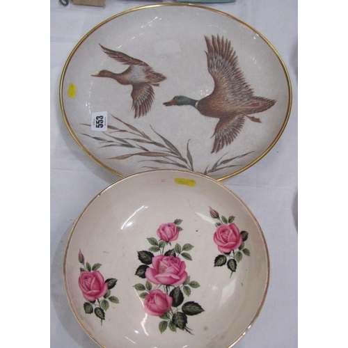 553 - CERAMICS, Union Castle line shipping bowl decorated roses, also a porcelain charger decorated ducks ... 